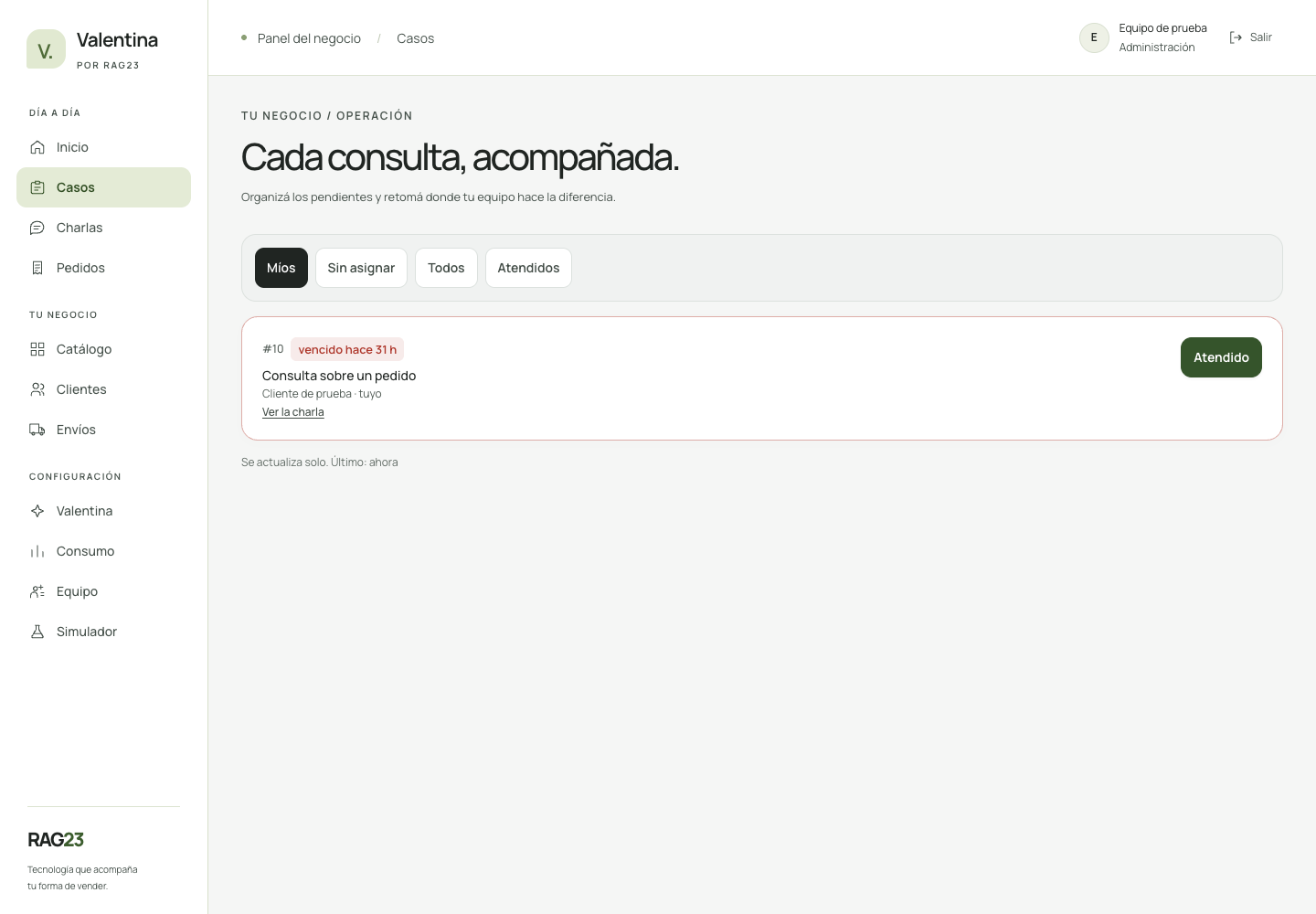 Pantalla de Casos en Valentina CRM con datos de demostración