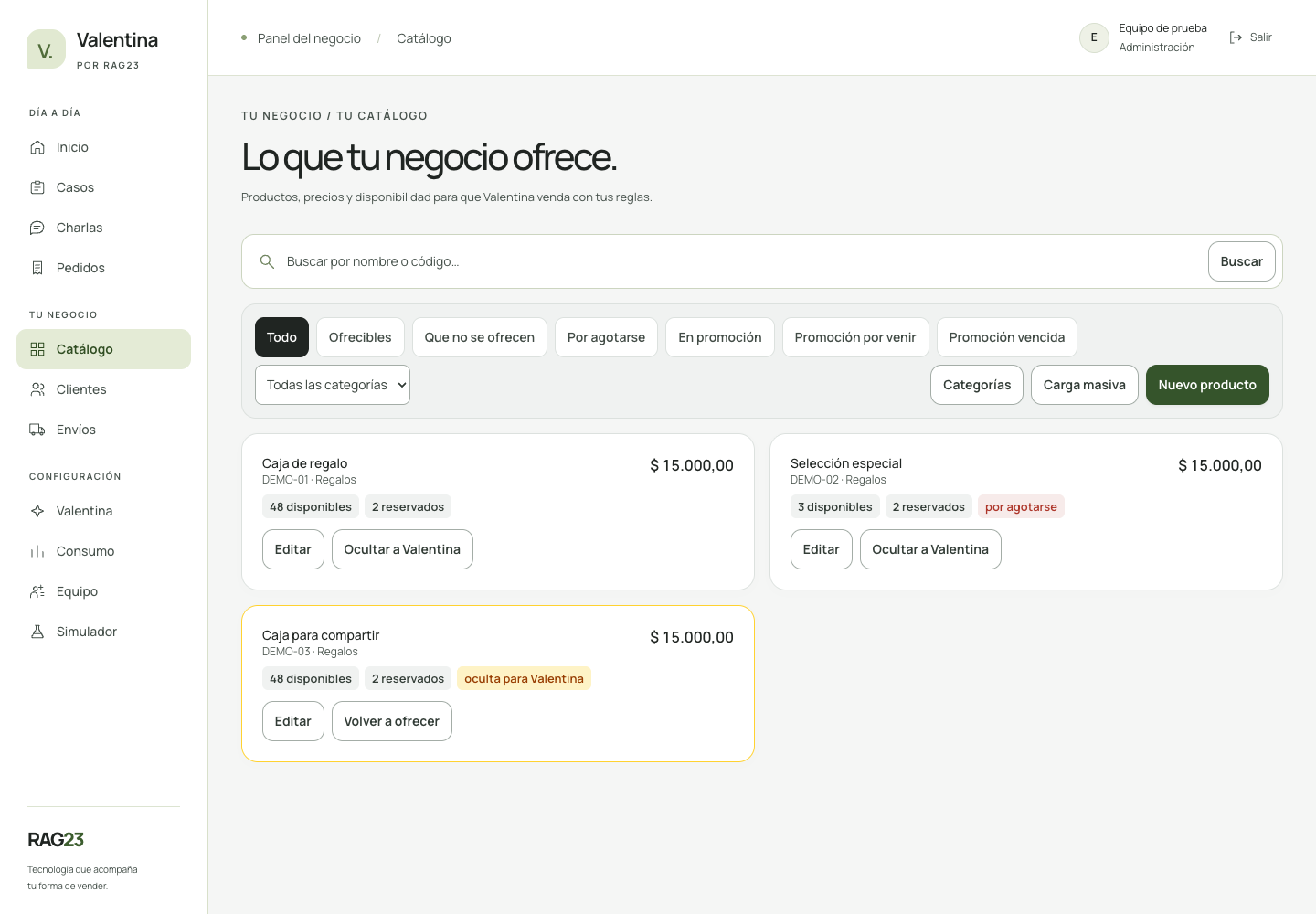 Pantalla de Catálogo en Valentina CRM con datos de demostración