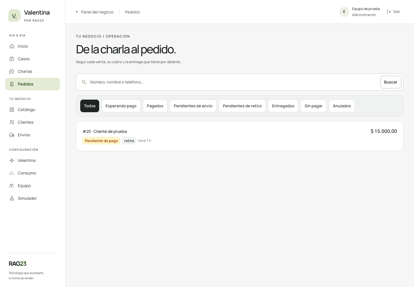 Pantalla de Pedidos en Valentina CRM con datos de demostración